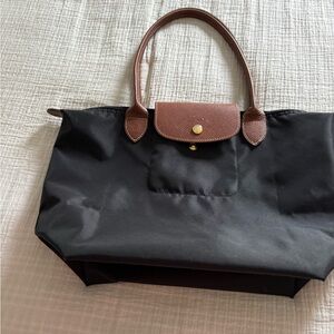 Long Champ Black Tote Bag with Brown Trim - Classic Women's Handbag